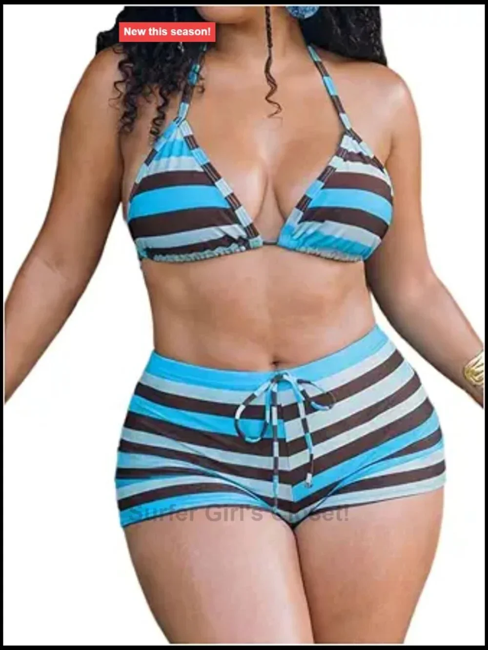 Plus Size 2 Piece Striped Triangle Boyshort Bikini Set High Waisted Bathing Suit